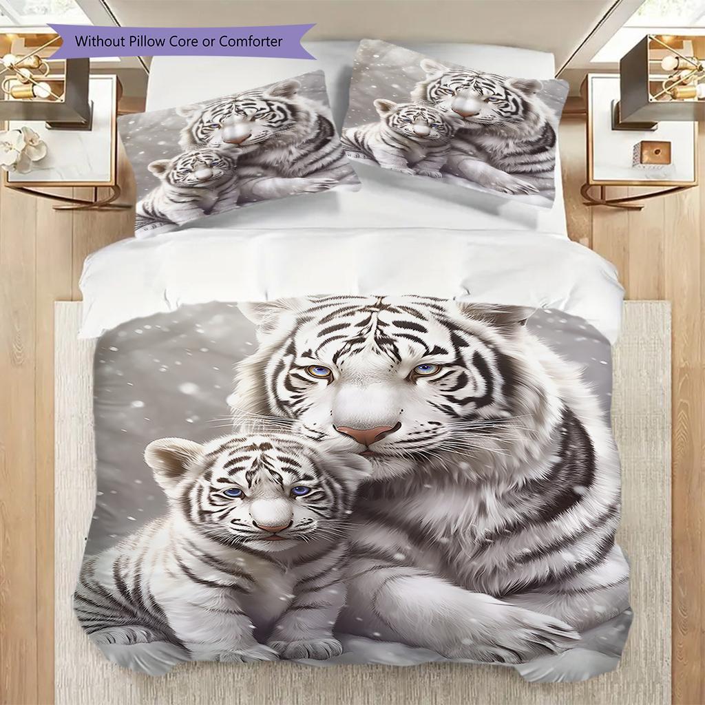 White Tiger Pattern Bedding Quilt Set Quilt Cover Pillowcase Home Decoration Birthday Gift (1 * Duvet Cover + 2 * Pillowcase, Without Core)