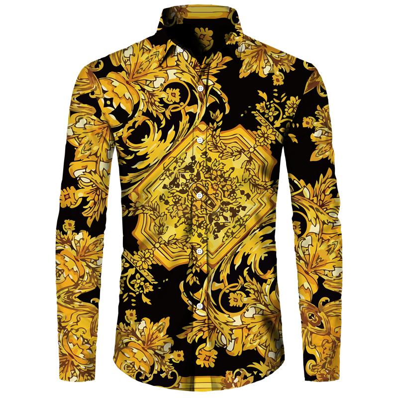 Golden Flower Pattern Print Men's Shirts Casual Single-Breasted Cardigan Long Sleeve Shirt Fashion Trend Tops Men Clothing
