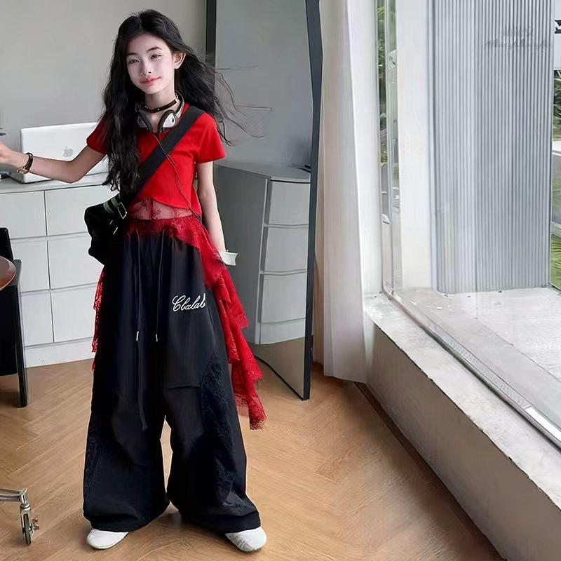 Meisjes Zomer Dunne Kant Uitgesneden Jazz Dans Wijde Pijpen Broek Tweedelig Set Modieuze Kinder Danskleding