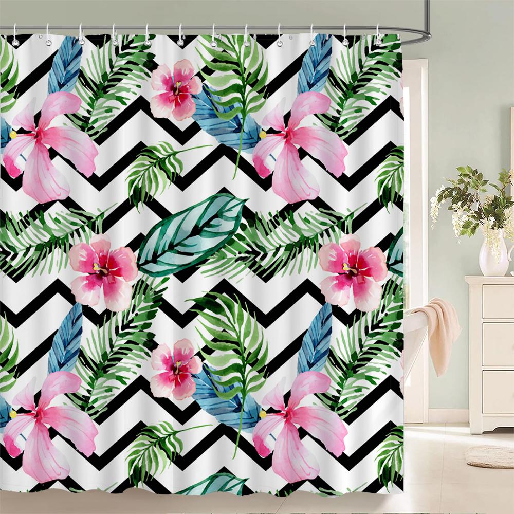 1 Pack of Watercolor Flower Plant Pattern Polyester Shower Curtain Bathroom Partition Curtain with Hooks Home Decorative Curtain