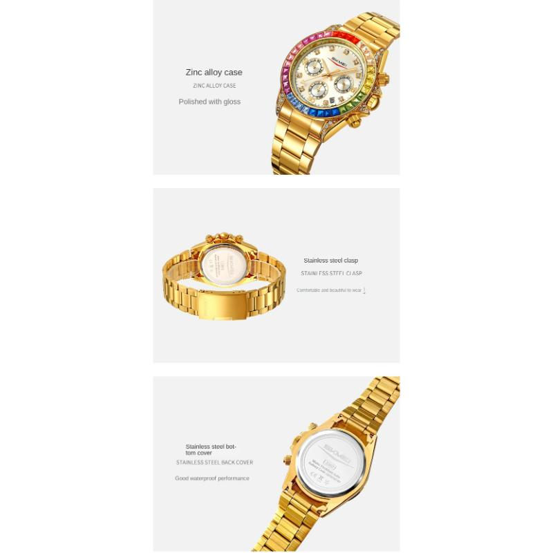 Skmei Fashion Womens Sports Watches Stainless Steel Day Date Watch Ladies Luxury Colored Diamonds Calendar Quartz Wristwatch