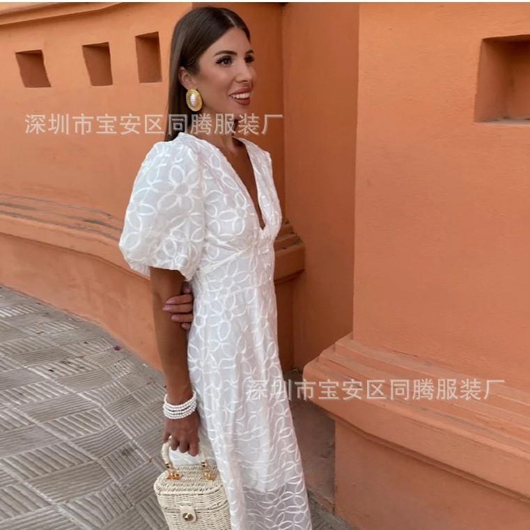 New European And American Casual V-Neck Tight-Fitting Hip-Wrapped Waist Bubble Short-Sleeved Dress
