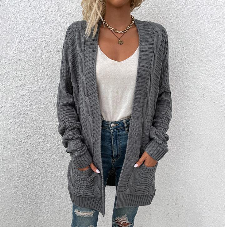 Autumn and winter loose casual twist knitted cardigan European and American pocket medium and long sweater jacket