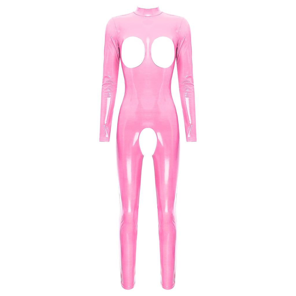 Dámská sexy metalická latexová kožená trikotová kombinéza s dlouhým rukávem, spodní prádlo, skinny