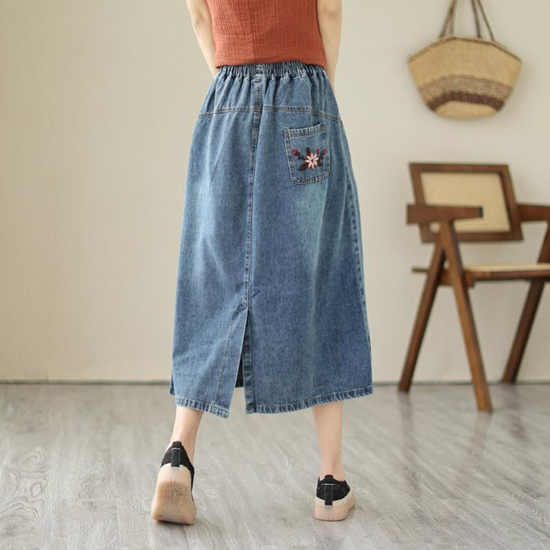 Literary Retro Chinese Style Cotton Denim Skirt Ladies Ethnic Style Embroidered Mid-length Skirt