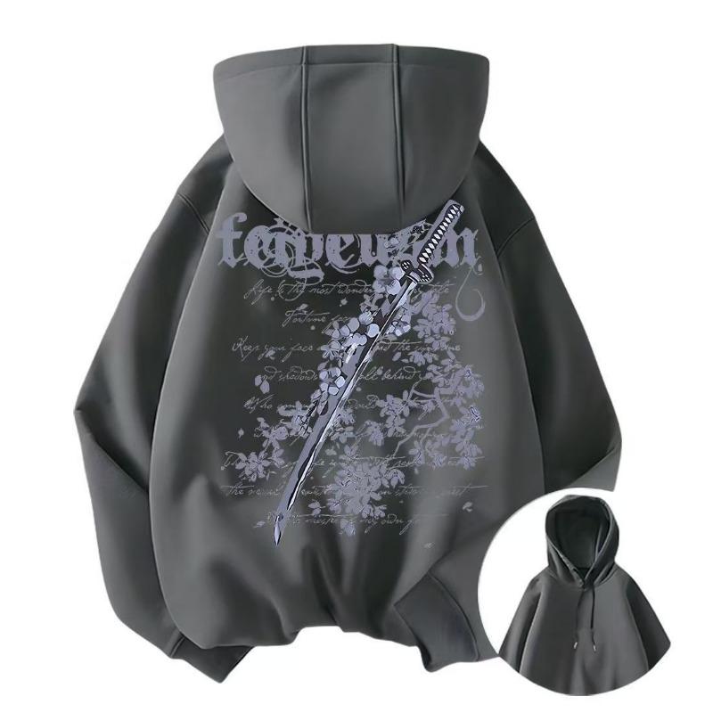 Cherry Blossom Sword Print Men's Hooded Top Autumn and Winter Velvet Thickened Loose Couple High Street Sweatshirt