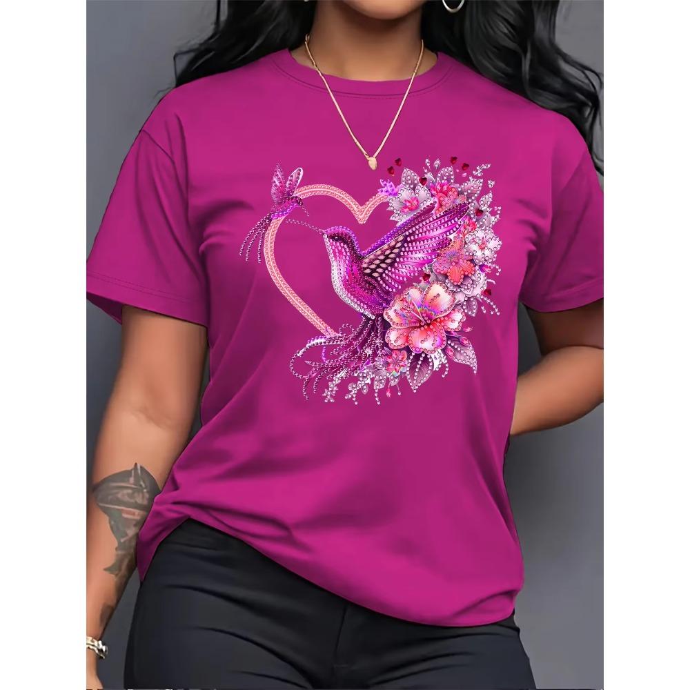 Summer Fashionable Flowers Birds 3D Print Comfortable Loose Short Sleeves T-shirt Loose Oversized Breathable Versatile Leisure Women T-shirt