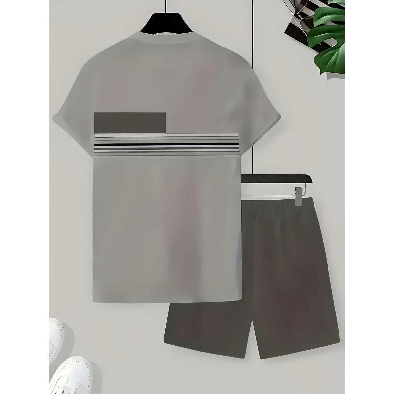 Summer  Arrival Men's Casual Two-Piece Set Striped Print Short-Sleeve Shirt and Athletic Shorts Set