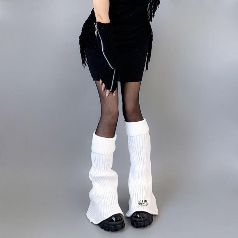 Harajuku Women Autumn Vintage Flared Leg Warmers Socks Gothic Punk Letters Label Ribbed Knitted Foot Covers Streetwear