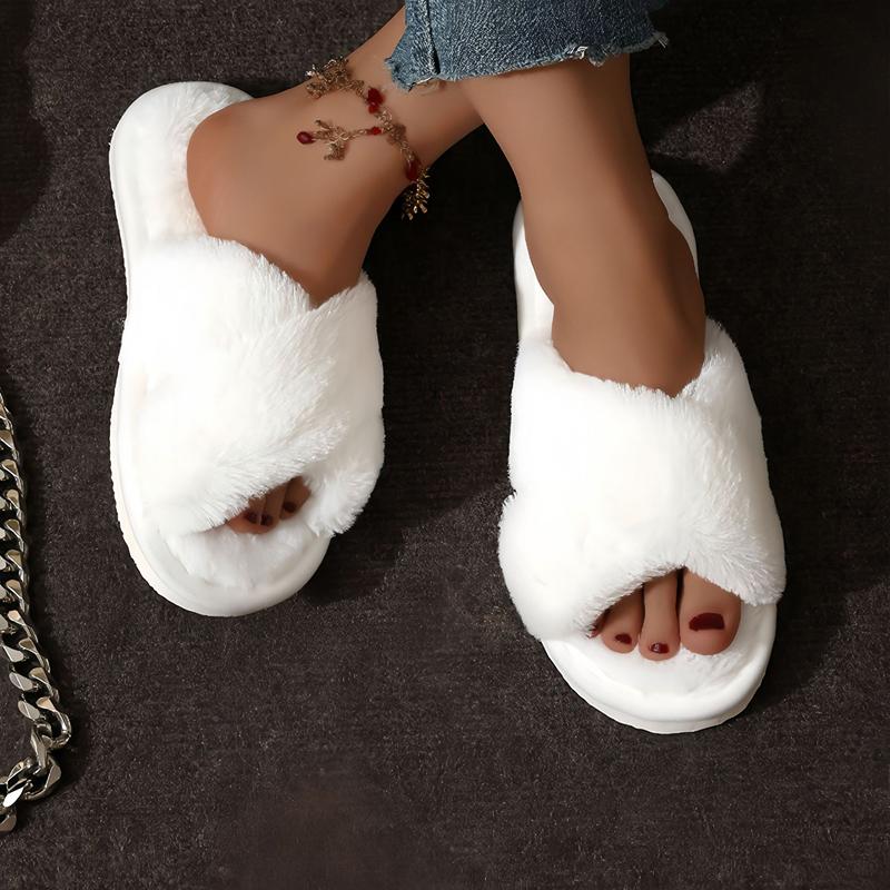 Fashion Women Fluffy Slippers Cross Band Soft Plush Cozy House Shoes Furry Open Toe Indoor Outdoor Slip Warm Anti Skid Sole