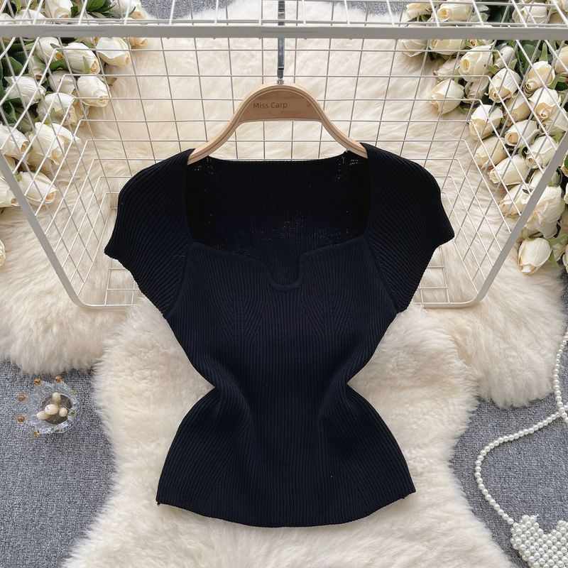 

Accessible Luxury Socialite Style Knitting Square Collar Tight Niche Style Short Sleeve Black One size