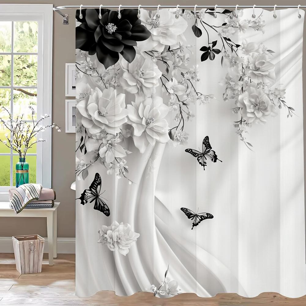 1 Piece Romantic Red Rose Flowers Shower Curtain, Bathroom Decorative Shower Curtain,Printed Polyester Home Curtain with Hooks