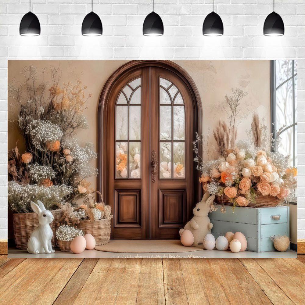 Easter Backdrop Wooden Door Indoor Flower Egg Easter Children's Birthday Baby Shower Party Decor Portrait Photography Background