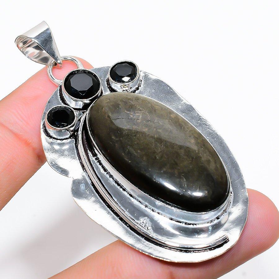 

Ювелирная подвеска ручной работы с серебристым обсидианом и шпинелью, 2,72 дюйма SR-4054