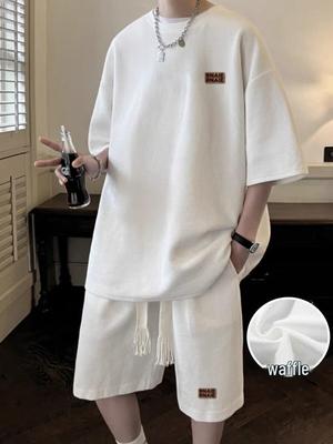 Conjunto de dos piezas de gofre de ajuste holgado Hip Hop de verano para hombre
