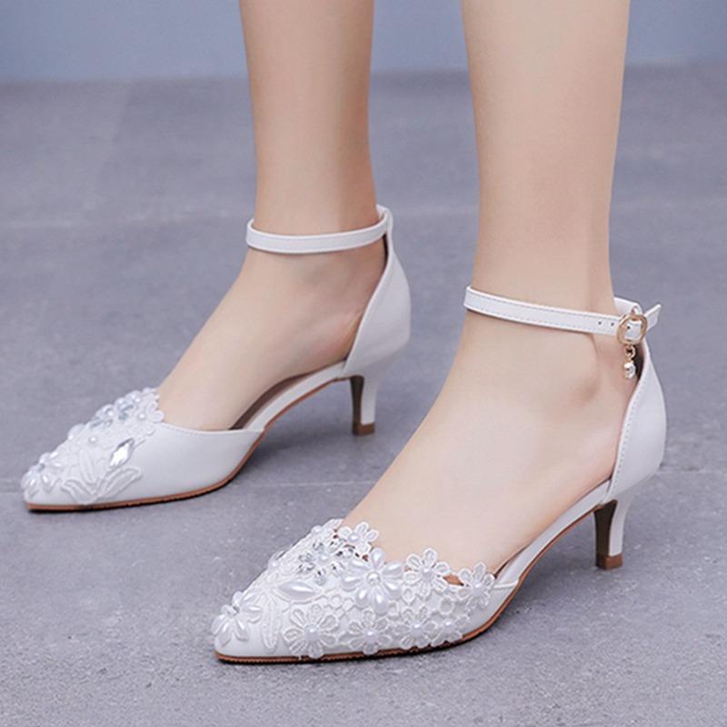 5cm Plus Size Sandals with Thin Pointed White Lace Rhinestone Wedding Shoes with Pearl Bridal Dress Shoe