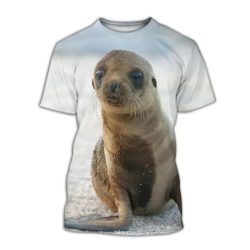 Cute Baby Seal Ice Snow Arctic Scenery 3D All Over Print Short Sleeve T-Shirt Casual Top