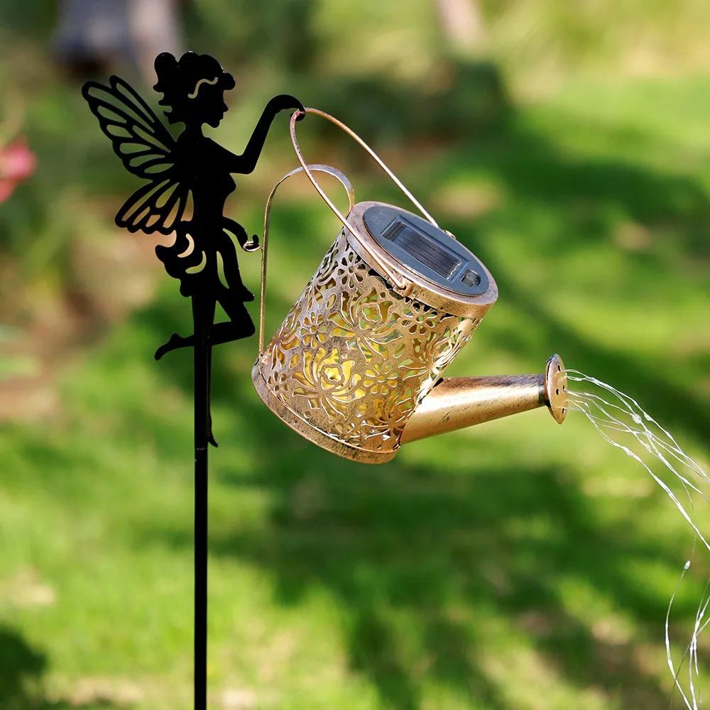 Solar-Powered Iron Art Flower Fairy Lawn Lamp Outdoor Waterproof Garden Kettle Hollow Rojection Light for Decorative Outdoor Use