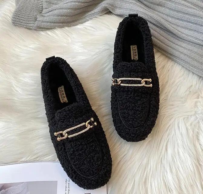Luxuriöse mit Schaffell gefütterte Loafer Damen Lammwollschuhe Damen Winter Slipper Fellige Flats Baumwolle Wolle Mocasine Femme Barfußstiefel