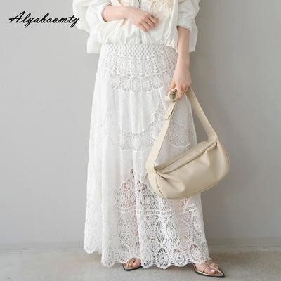 French Style Spring Summer Women Maxi Long Skirt High Waist White Fairy Party Skirt Elegant Feminine Embroidery Hollow Out Skirts Womens