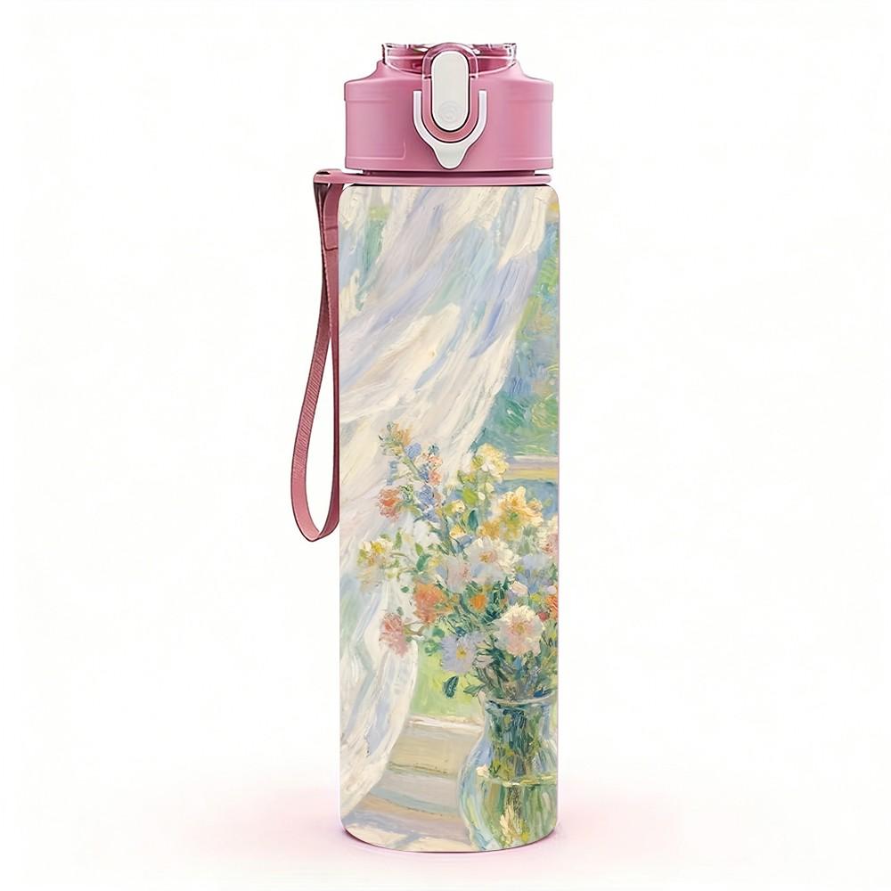 1PC Soft Vase Bouquet Impressionist Flower Painting 750ml Color Plastic Sports Water Bottle Leakproof Flip Straw Lid Suitable for Sports Office Home