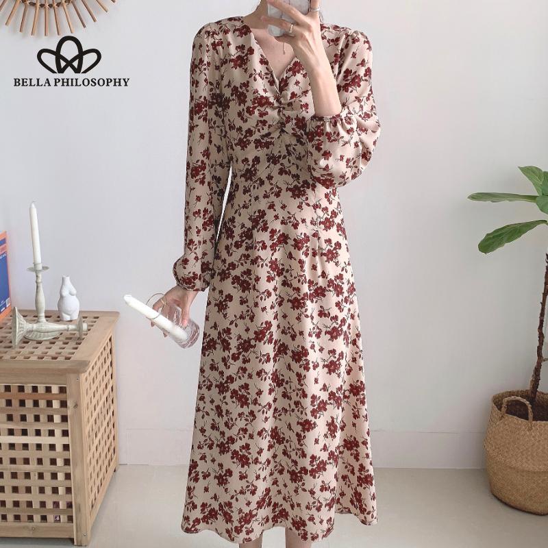 

Женское осенне-весеннее синее длинное платье с v-образным вырезом и длинными рукавами с цветочным принтом, повседневное элегантное платье с принтом Florla XL бежевый