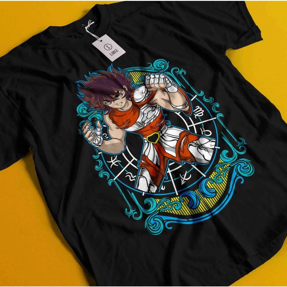 

Saint Seiya Пегас Сэйя Винтажная футболка со знаком зодиака, Унисекс Классическая футболка для фанатов аниме Уличная одежда, 100% хлопок Повседневная футболка с коротким рукавом 4XL