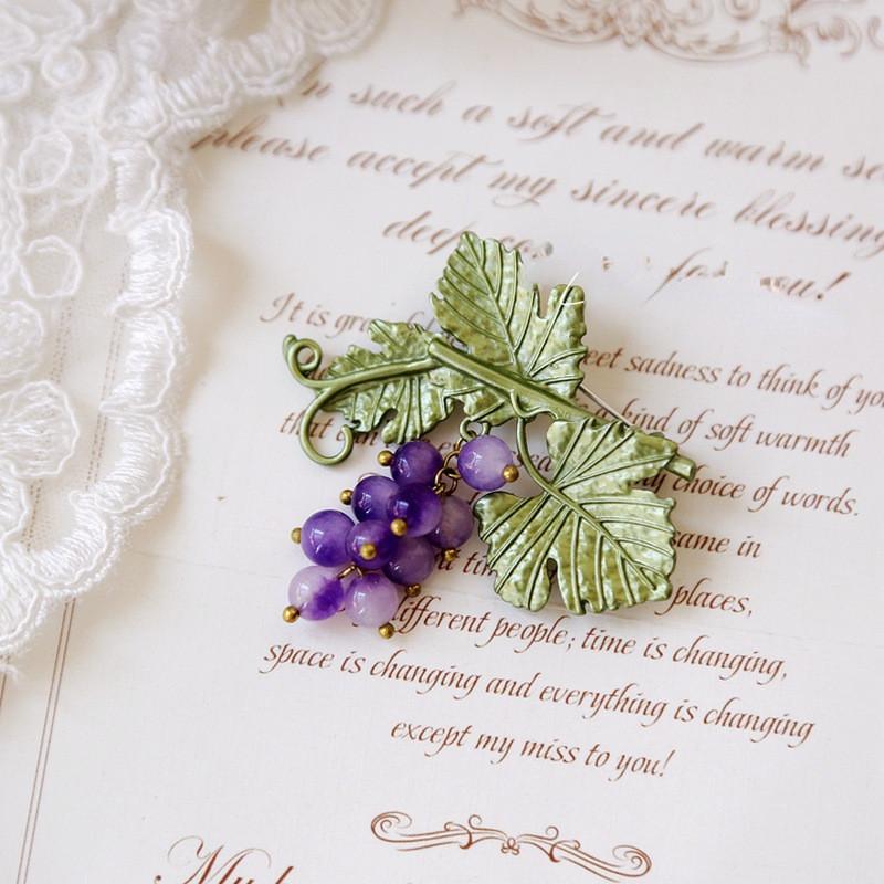 Vintage Artistic Sensi Purple Grape Brooch And Earrings Set For Women And Girls