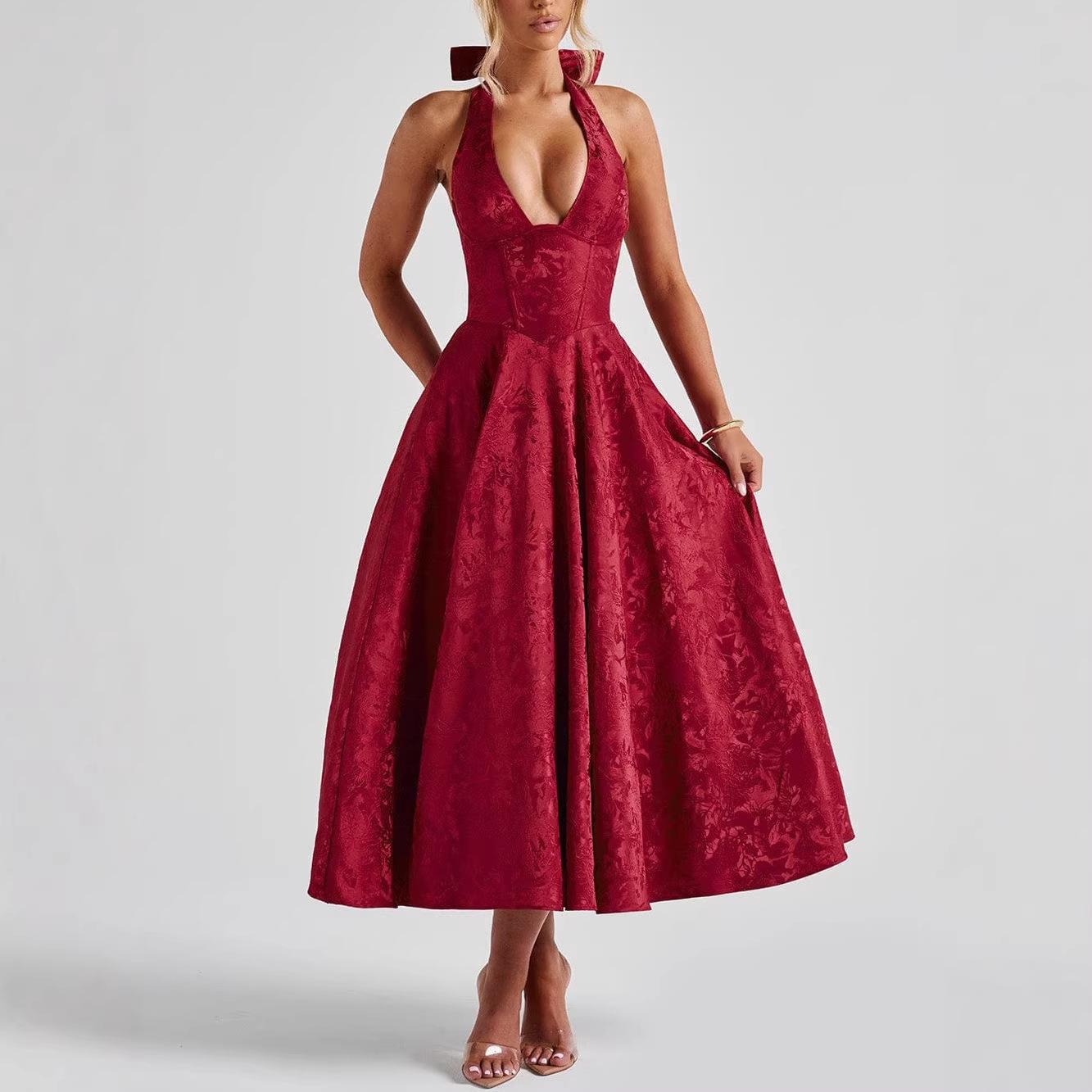 Women Halter Deep V Neck Jacquard
