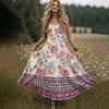 Women Sleeveless Maxi Dress Summer V Neck Long Casual Bohemian Style Spaghetti Strap Printed Sundress with Flared Hem