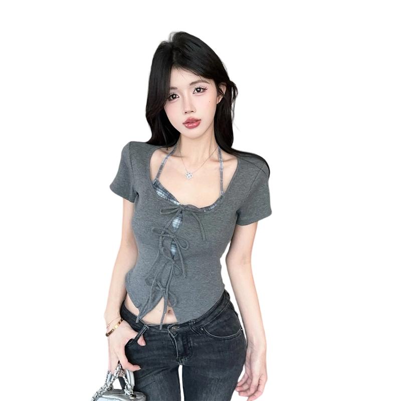 La Chapelle Women s Plaid Faux Two-Piece Short-Sleeve Top S