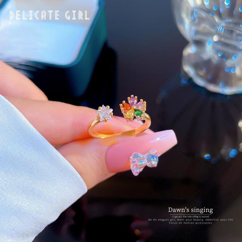 Real Gold Diamond Flower Opening Ring Women'S Japan And Korea Niche Simple Design Index Finger Ring
