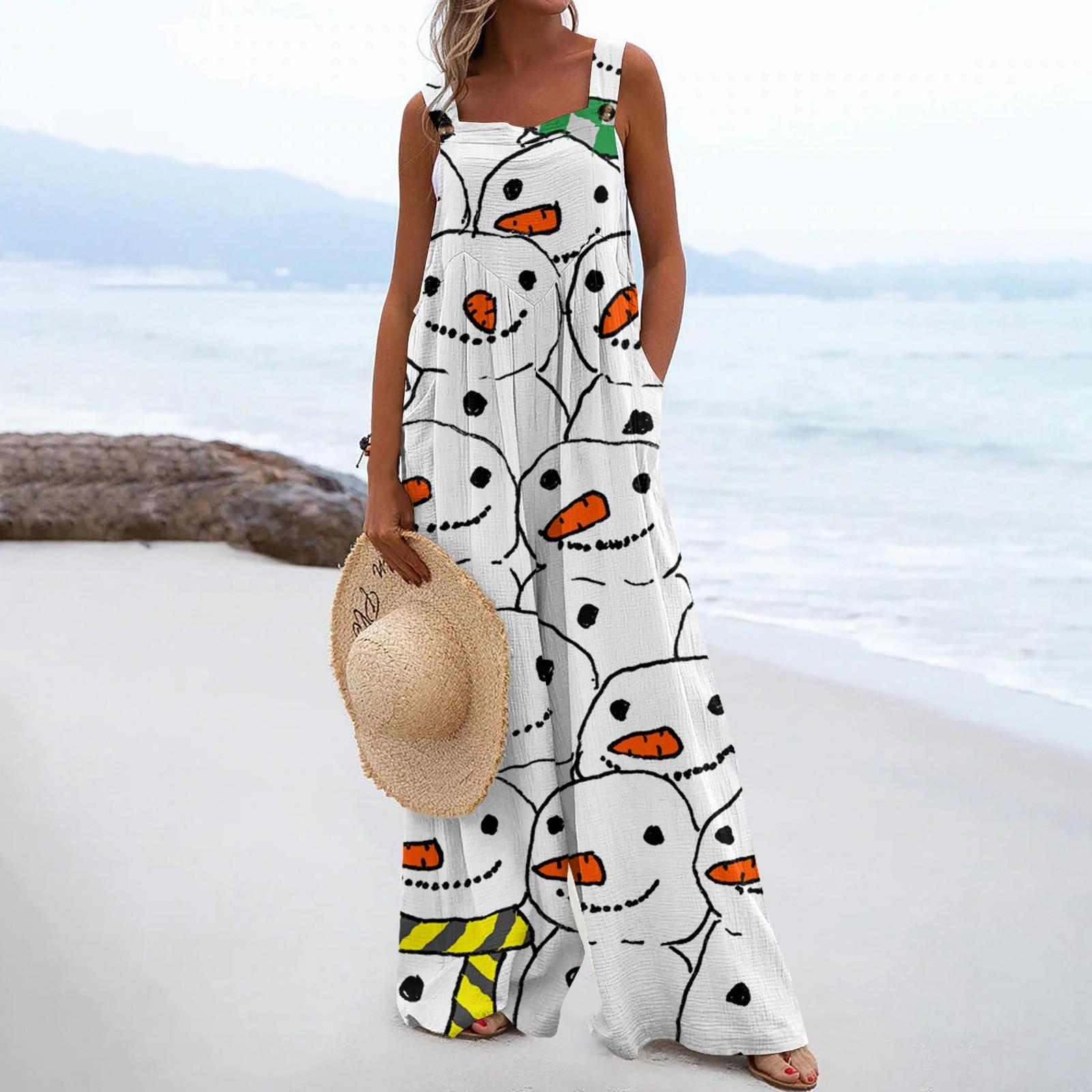 

Широкий комбинезон для женщин, повседневный свободный комбинезон без рукавов с принтом и пуговицами, длинные брюки, комбинезон с карманами XL белый
