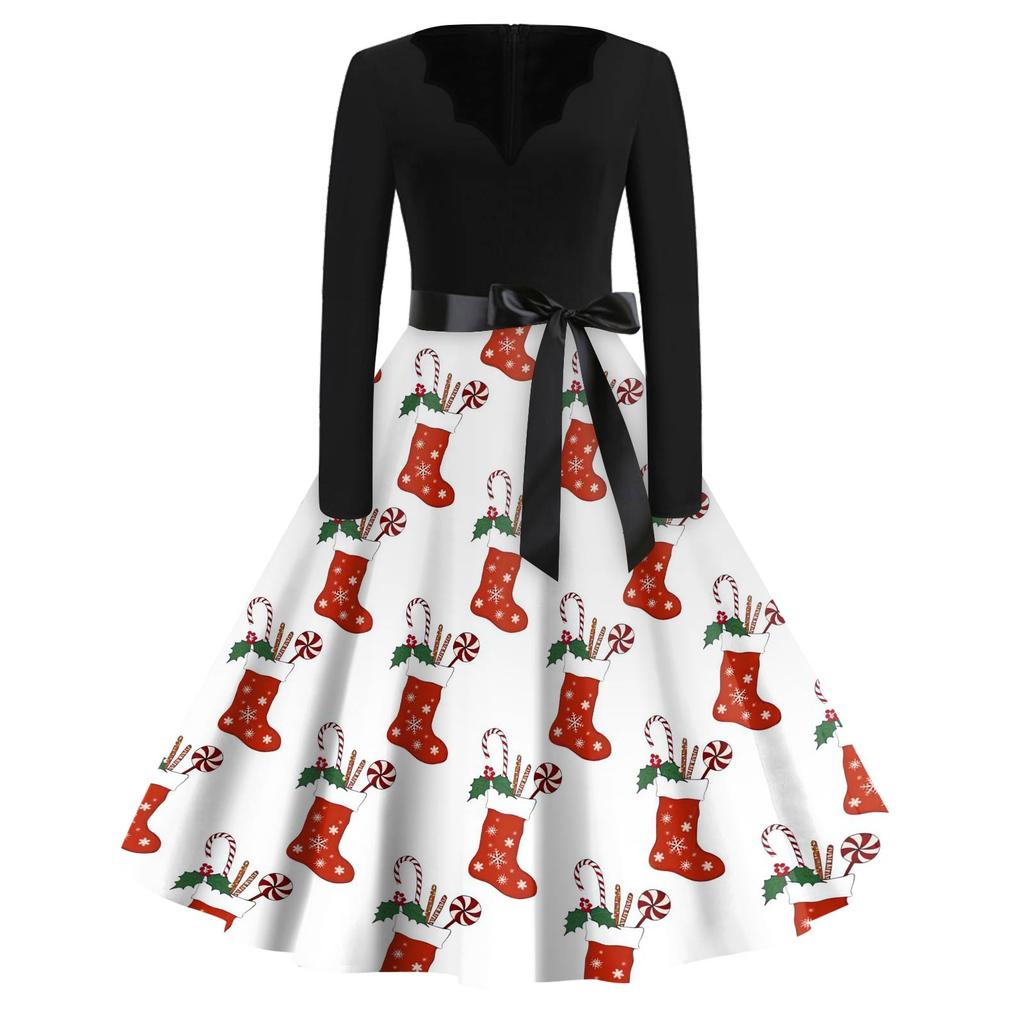 Women's Fashion V-Neck Relaxed-Fit Christmas Print Long-Sleeved Dress