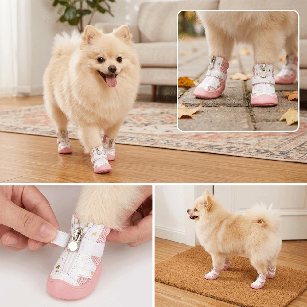 4Pcs Golden Mesh Mesh Dog Shoes Breathable Puppy Paw Shoes Breathable Pet Boots Teddy Bichon
