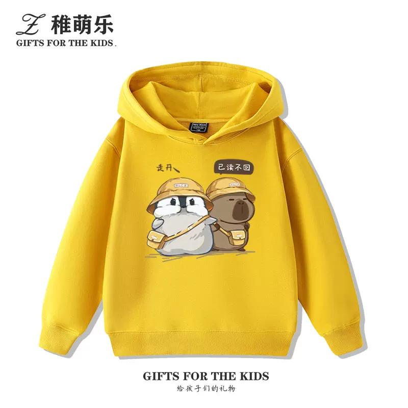 Cute Cartoon Capybara and Little Penguin Print Hoodie – Versatile, Casual, and Sporty Autumn/Winter Top for Boys and Girls