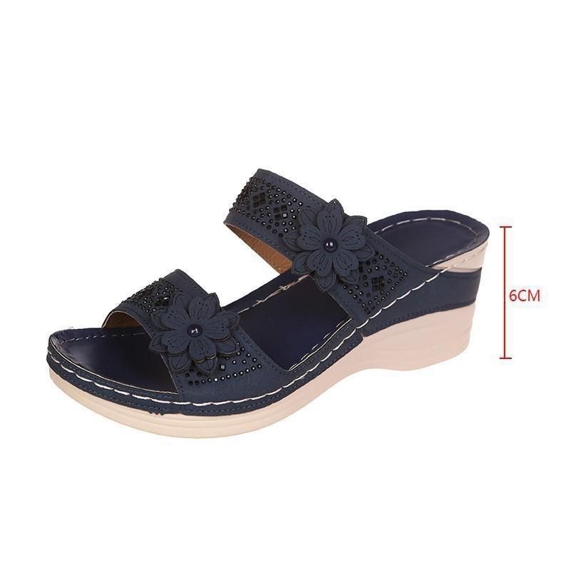 Large size summer new retro casual flower high heel one-character women's wedge heel slippers