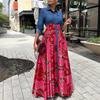 Plus Size Women's Casual Denim Patchwork Print Long Skirt - Large Swing Dress
