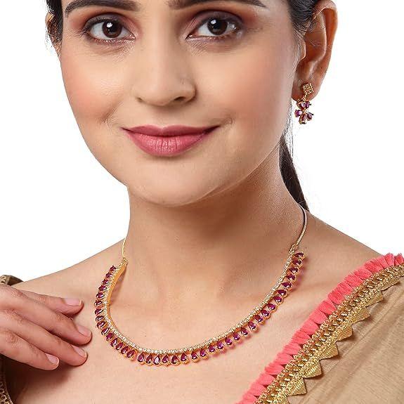 Jewellery Set Gold Plated American Diamond Necklace Set with Earrings Jewellery for Women & Girls