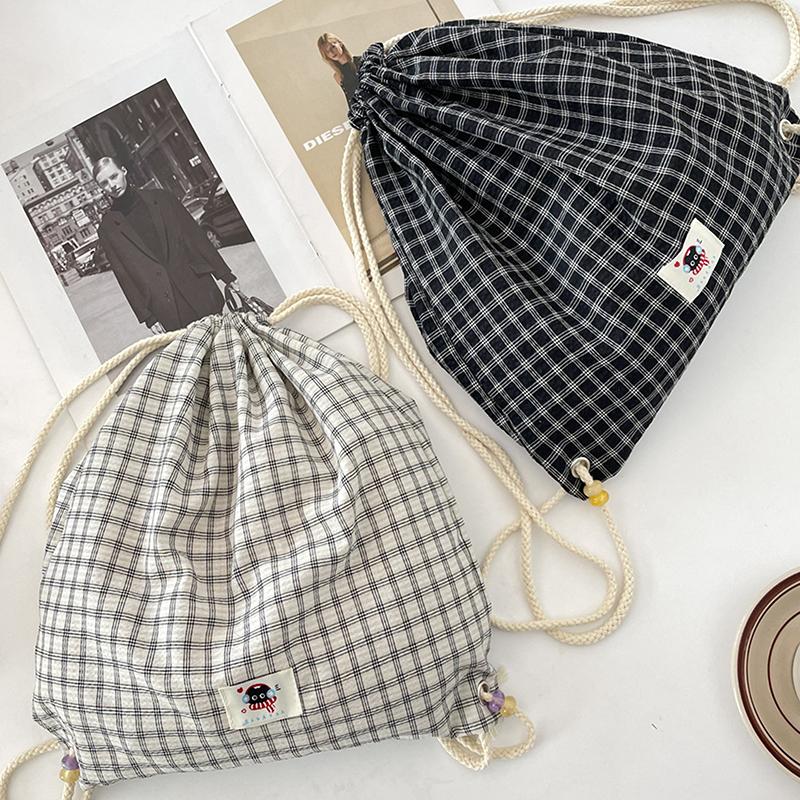 Checked Backpack Drawstring Canvas Women Shopping Bag Sports Gym Bag Training Sackpack Simple Commuter Bag