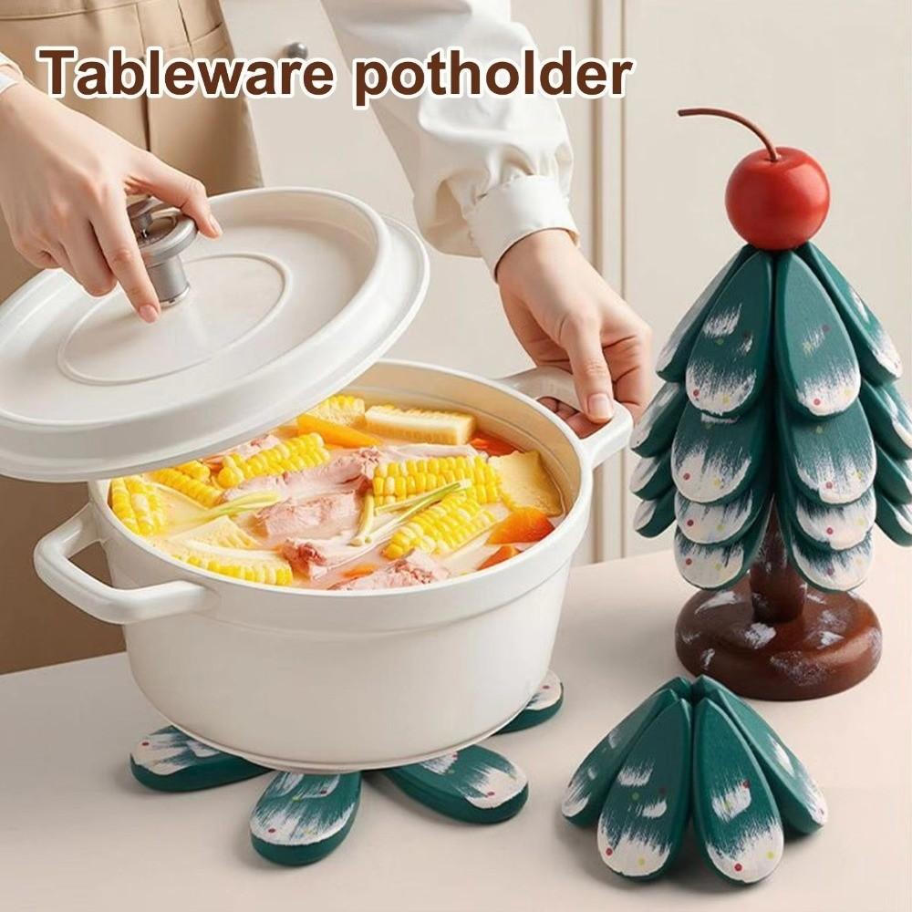 Solid Wood Christmas Tree Coasters Non-Slip Base Foldable Wooden Heatproof Trivet High Temperature Resistant Dish Mats