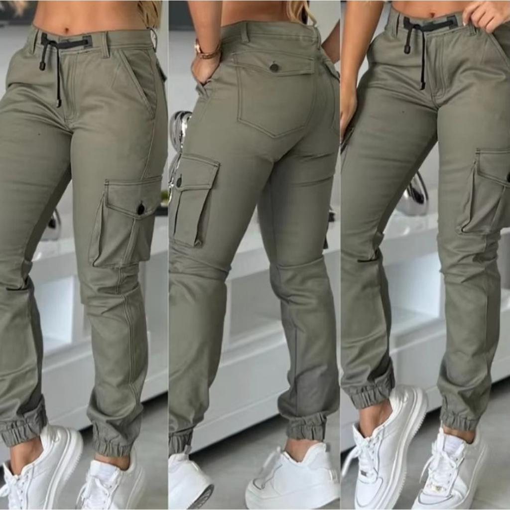 Pantaloni Cargo da Donna a Vita Media Jogger Slim Multi Tasche alla Caviglia Primavera Poliestere Pantaloni da Lavoro