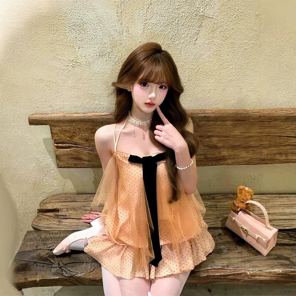 Sweet pure desire wind bow polka dot suspender dress women's summer thin design short skirt bud skirt set