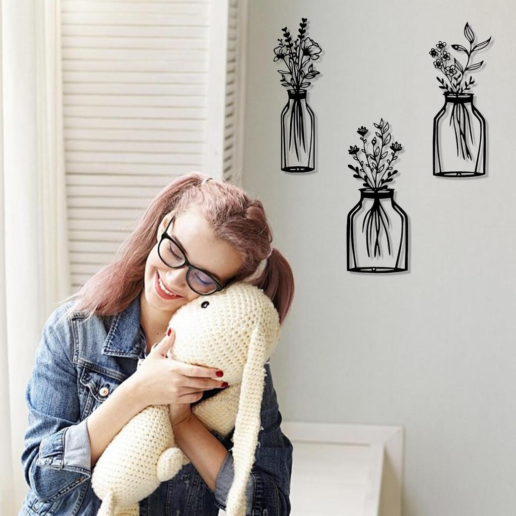 3 Pieces Black Metal Flower Vase Wall Art Decor Wire Wall Art Metal Wall Sculptures Iron Decorative Hanging for Indoor Kitchen Bathroom Dining Room