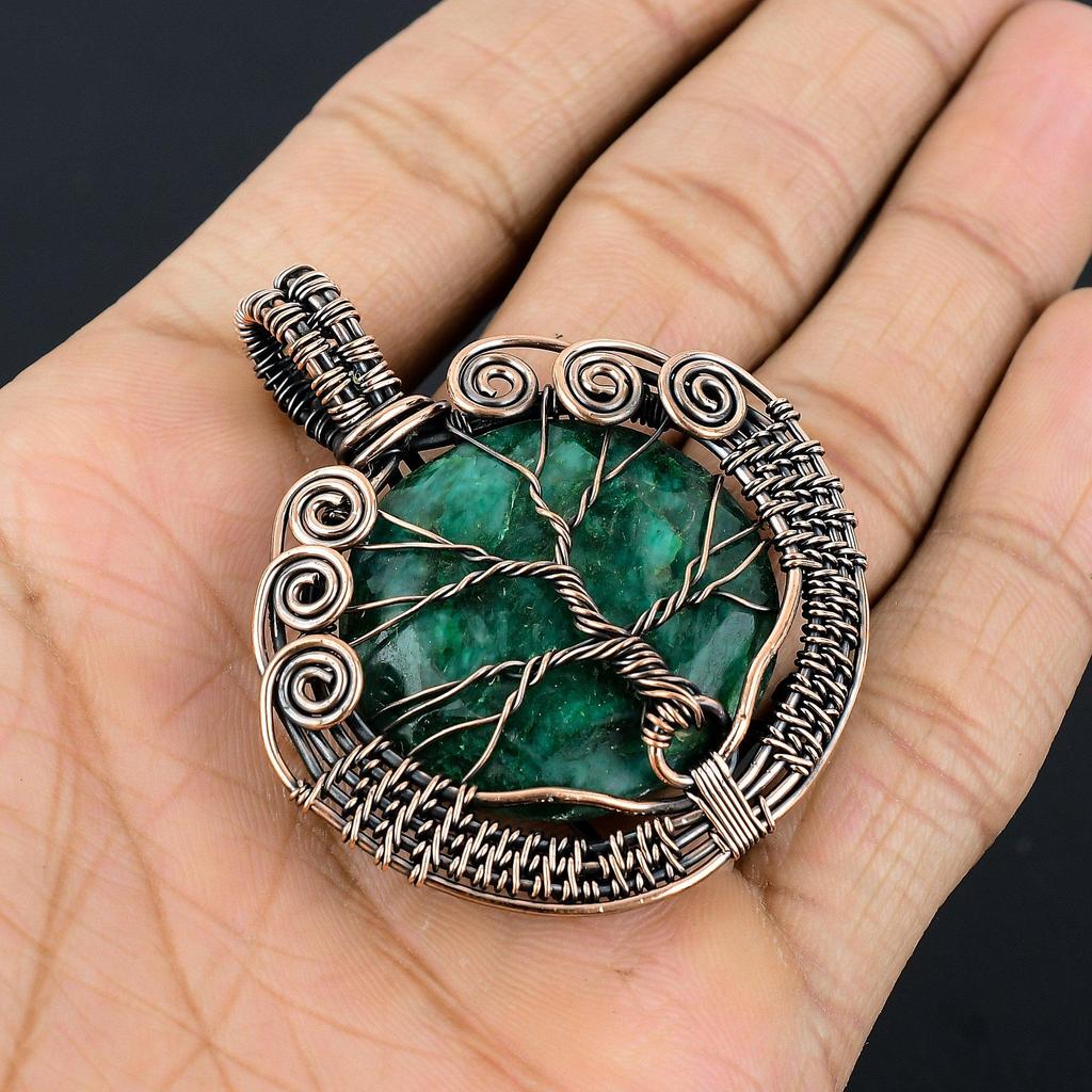 Tree Of Life Emerald Pendant, 999 Copper Wire Wrapped Pendant Gemstone Jewelry, Handmade Pendant Amazing Jewelry, Gift For Her