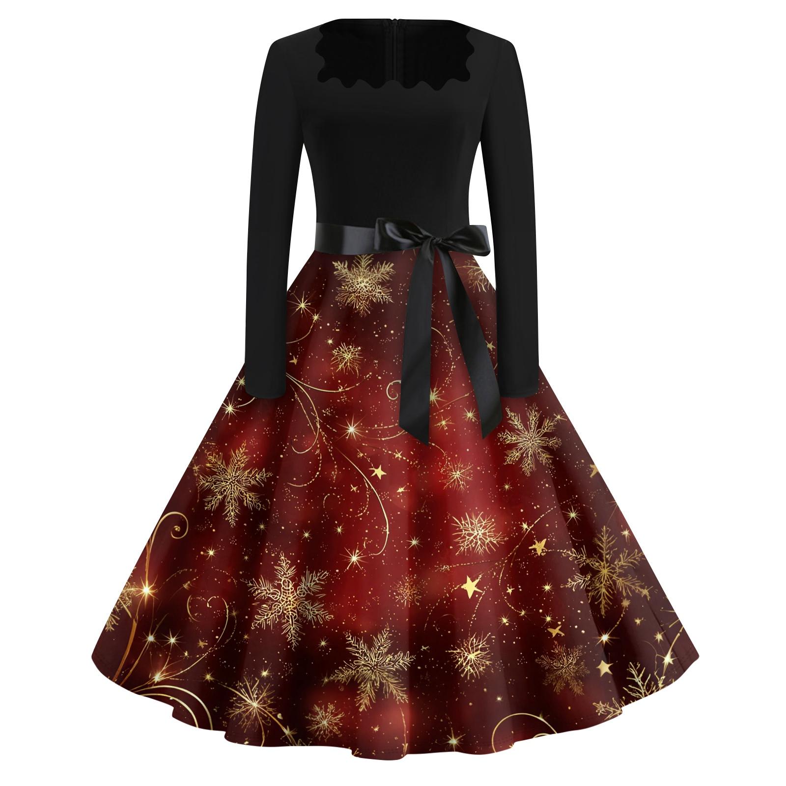 

Рождественский принт расклешенное платье для женщин платье с длинным рукавом ажурное вечернее повседневное платье с квадратным воротником L