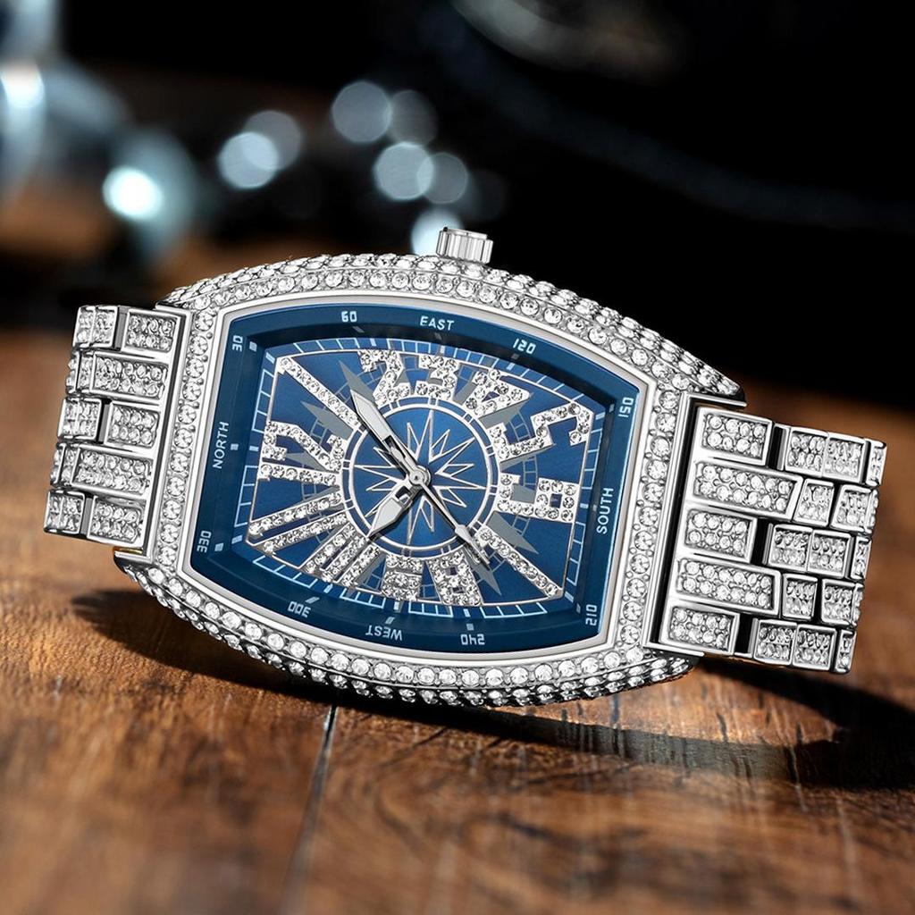 Luxury Mens Watches Fashion Hip Hop Iced Diamond Waterproof Tonneau AAA Quartz Wristwatch Male