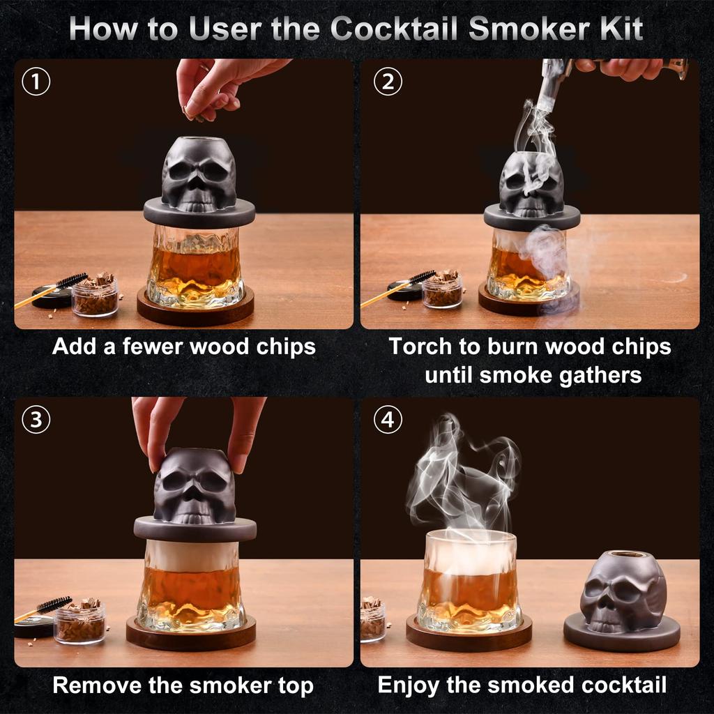 Cocktail Smoker Kit with 4 Flavors Wood Chips -Ceramics Bourbon Whiskey Skull-Shaped Old Fashioned Smoker Infuser for Bar Tools