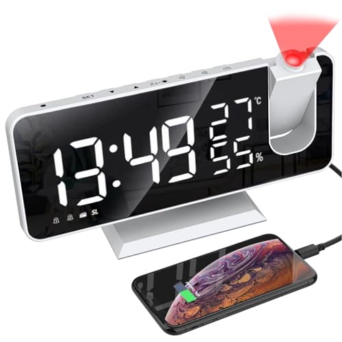 DWCQRTM Digital Clock, Multi-Function Alarm Clock, LED Projection Clock, Snooze, Clock Radio, Wall/Ceiling Mirror, Temperature/Humidity, FM Radio, Mir
