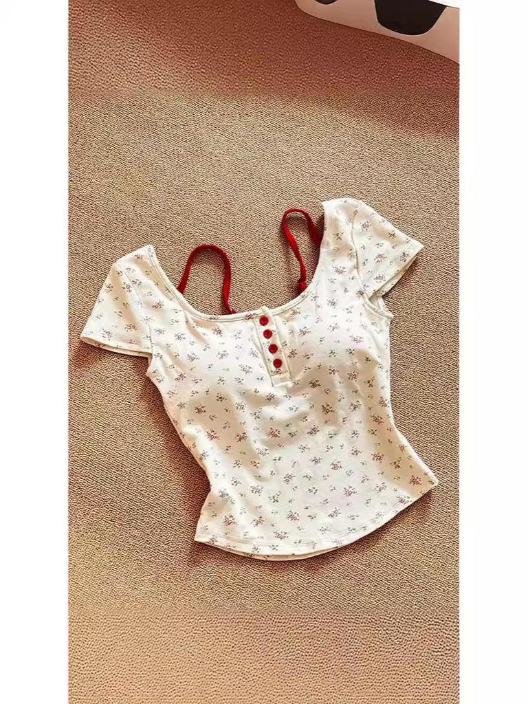 Women's Spicy Girl Two-Piece Floral Camisole T-Shirt with Bra Pads - Slimming Summer Short-Sleeve Top